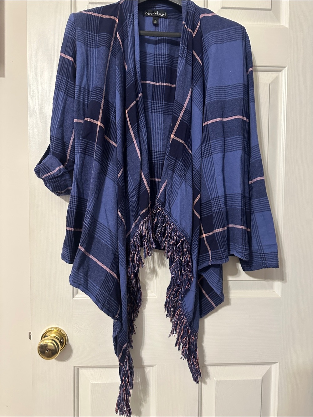 Flannel open cardigan with fringe